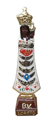 White Statue of Our Lady of Loreto - Hand Painted - Black Madonna and Christ - H 5,5 in