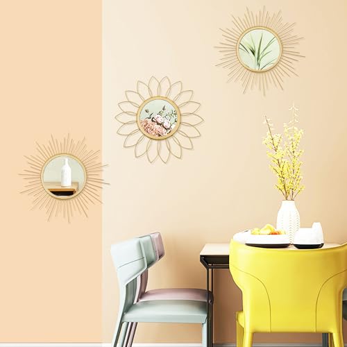 3 Pack Metal Mirrors for Wall Sunburst Wall Mirrors Home Décor Decorative Hanging Wall Art for Living Room Bedroom Entryway (Gold, Flower+Sunburst)