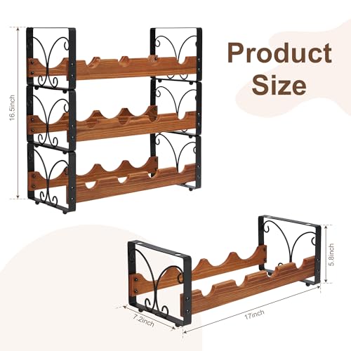 X-cosrack 3 Tier Wine Rack for 12 Bottles, Stackable Wine Organizer, Freestanding Wine Bottle Holder for Kitchen Counter or Bar, Durable Wooden & Iron Display Shelf with Patent Design