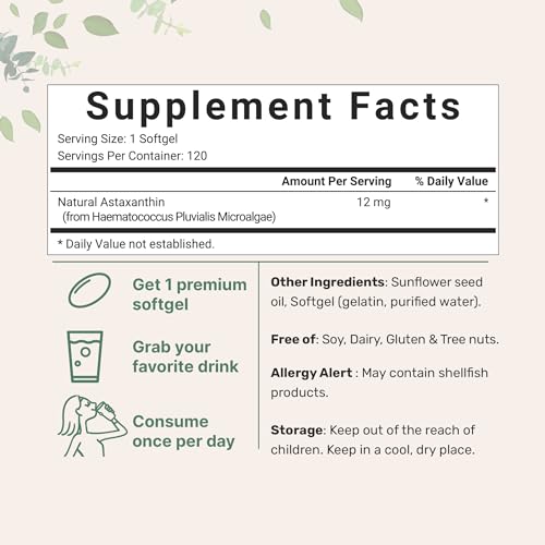 Astaxanthin 12mg, 120*Softgels, 4 Month Supply | Premium Astaxanthin Antioxidant Supplements | Fresh Microalgae Source | Supports Eye, Joint, & Internal Circulation Health | Easy to Swallow