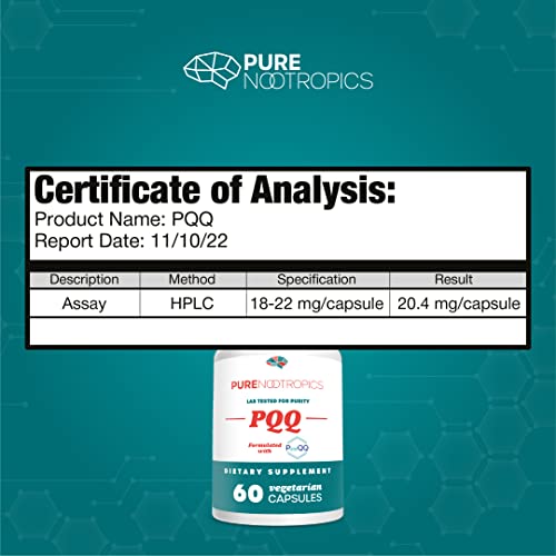 Pure Nootropics -PQQ (Pyrroloquinoline Quinone) 20mg Capsule | 60 Veg Caps Value Pack | Supports Mitochondrial Function & REDOX (Reduction-Oxidation)