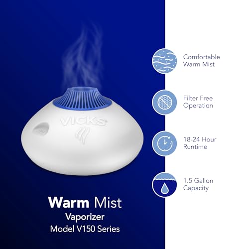 Vicks Warm Steam Vaporizer, Small to Medium Rooms, 1.5 Gallon Tank – Warm Mist Humidifier for Baby and Kids Rooms with Night Light, Works with Vicks VapoPads and VapoSteam