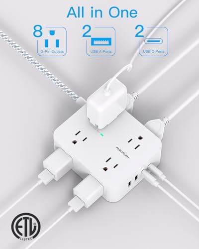 Surge Protector Power Strip - 8 Outlets with 4 USB (2 USB C) Charging Ports, Multi Plug Outlet Extender, 5Ft Braided Extension Cord, Flat Plug Wall Mount Desk USB Charging Station for Home Office ETL