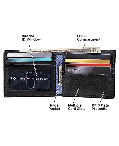 Tommy Hilfiger Men's Leather Wallet – Slim Bifold with 6 Credit Card Pockets and Removable ID Window, Dark Black, One Size
