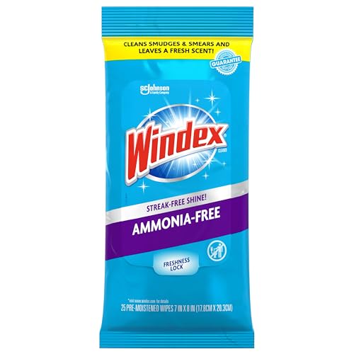 Windex Wipes Glass Cleaning Ammonia Free, Pre-Moistened Glass and Surface Wipes to Clean All Glass Surfaces, Crystal Rain Fresh Scent, 25 Count