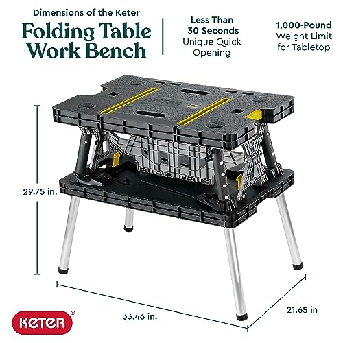 Keter Folding Worktable, Heavy-Duty, All-Weather Portable Workbench for DIY Home Improvements & Professional Worksites, 12" Clamps, 1,000 Lbs Capacity