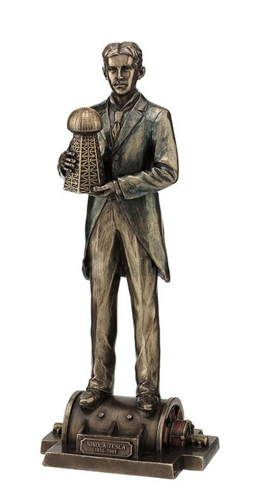 Veronese Design 12" Tall Nikola Tesla Holding a Model of Wardenclyffe Tower Statue Cold Cast Resin Antique Bronze Finish Sculpture