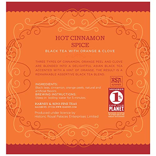 Harney & Sons Hot Cinnamon Spice Tea Tin - Black Tea with Orange & Sweet Clove - 2.67 Ounces, 30 Sachets