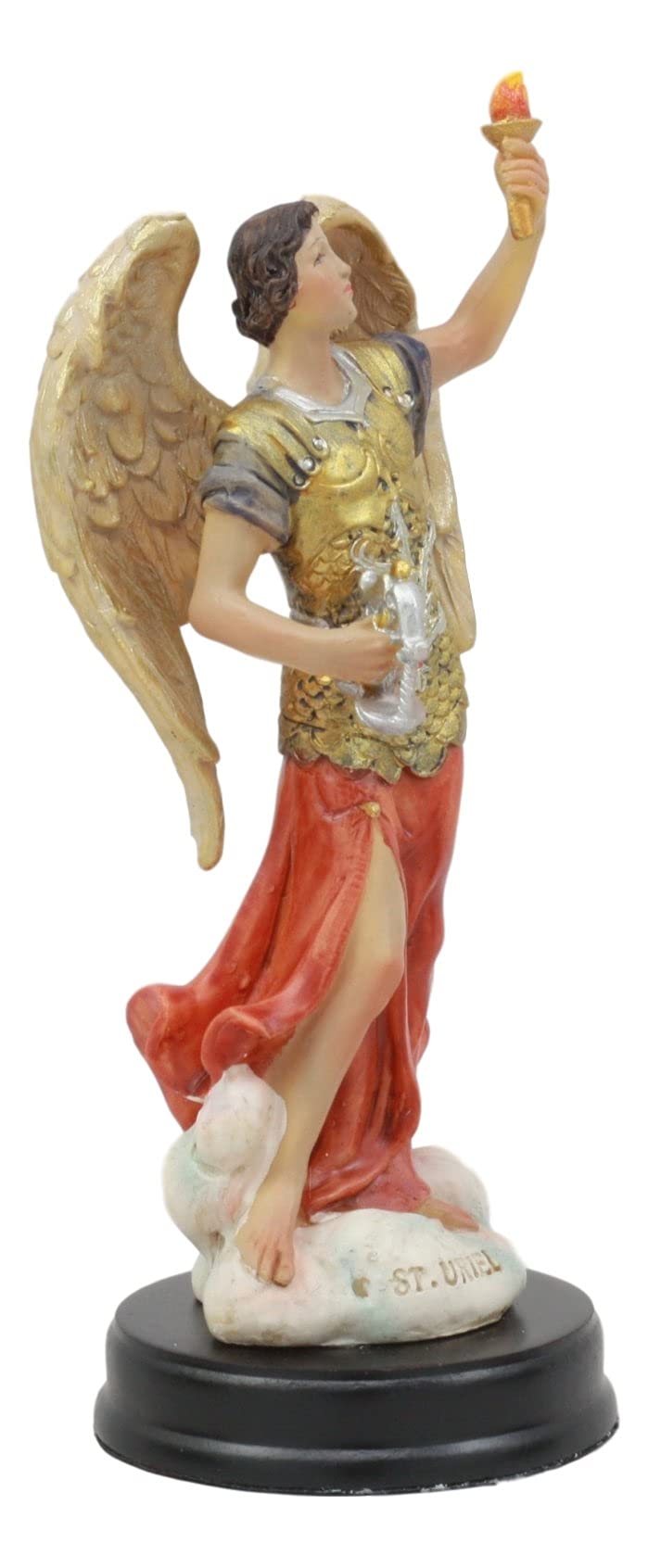 Ebros Catholic Church Archangel Saint Uriel with Holy Spirit Torch Statue with Brass Plated Title Wood Base 5.75" Tall Christian Devotional Altar Sculpture