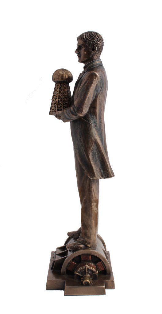Veronese Design 12" Tall Nikola Tesla Holding a Model of Wardenclyffe Tower Statue Cold Cast Resin Antique Bronze Finish Sculpture