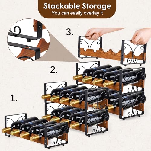 X-cosrack 3 Tier Wine Rack for 12 Bottles, Stackable Wine Organizer, Freestanding Wine Bottle Holder for Kitchen Counter or Bar, Durable Wooden & Iron Display Shelf with Patent Design