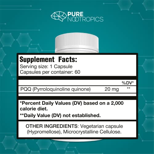 Pure Nootropics -PQQ (Pyrroloquinoline Quinone) 20mg Capsule | 60 Veg Caps Value Pack | Supports Mitochondrial Function & REDOX (Reduction-Oxidation)