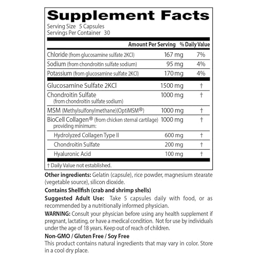 Doctor's Best Glucosamine Chondroitin MSM + Hyaluronic Acid with OptiMSM Featuring Biocell Collagen, Joint Support, Non-GMO, Gluten & Soy Free, 150 Caps