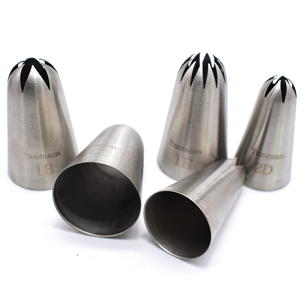 Tumtanm 5 Pack Extra Large Piping Nozzles, 1B 1C 1E 1M 2D# Seamless Stainless Steel Piping Icing Tips for Cupcakes