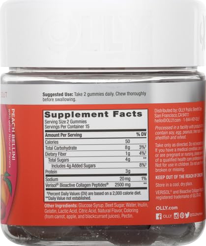 OLLY Collagen Gummy Rings, 2.5g of Clinically Tested Collagen, Boost Skin Elasticity & Reduce Wrinkles, Adult Supplement, Peach Flavor, 30 Count