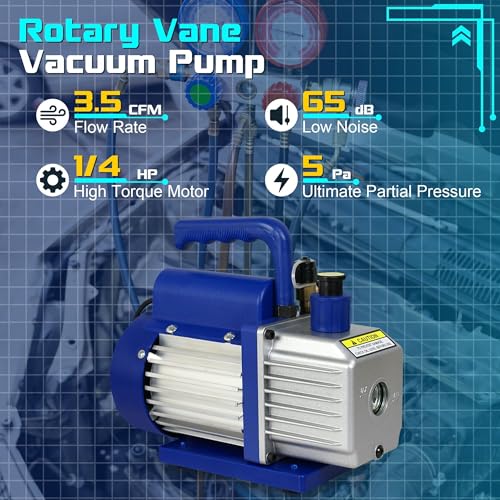 ZENY 3.5CFM Single-Stage 5 Pa Rotary Vane Economy Vacuum Pump 3 CFM 1/4HP Air Conditioner Refrigerant HVAC Air Tool R410a 1/4" Flare Inlet Port, Blue