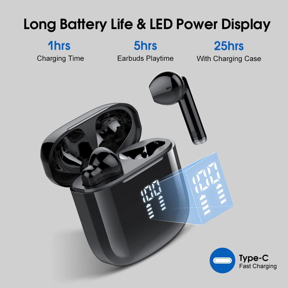Wireless Earbuds Bluetooth 5.3 Headphones with 4-Mics Clear Call and ENC Noise Cancelling, Bluetooth Earbuds Touch Control Stereo Sound with LED Display, Waterproof Running Headphones for Workout