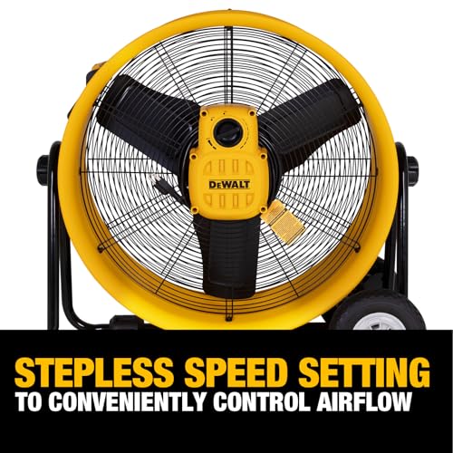 DEWALT DXF2490 High Velocity Fan, Floor Fan, Industrial Fan, 24 Inch Large Electric Metal Rotating Garage Fan with 360° Adjustable Tilt & Large Wheel, Drum Fan for Outdoor, House and Warehouse, Yellow