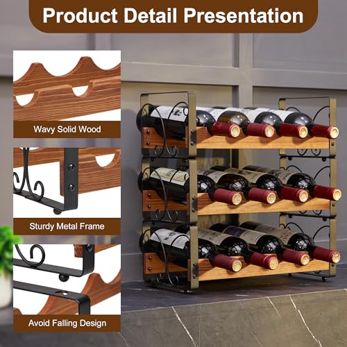 X-cosrack 3 Tier Wine Rack for 12 Bottles, Stackable Wine Organizer, Freestanding Wine Bottle Holder for Kitchen Counter or Bar, Durable Wooden & Iron Display Shelf with Patent Design
