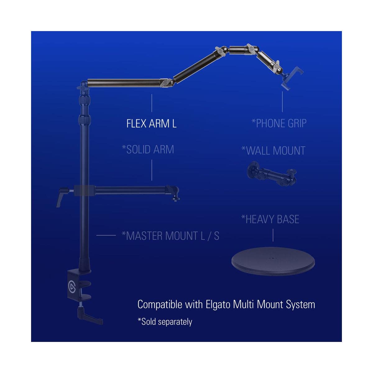 Elgato Master Mount L - Premium Desk Clamp with Pole extendable up to 125cm/49in and 1/4 inch Thread to Mount Lights,Cameras, and Microphones,perfect for Streaming, Videoconferencing and Studios,Black