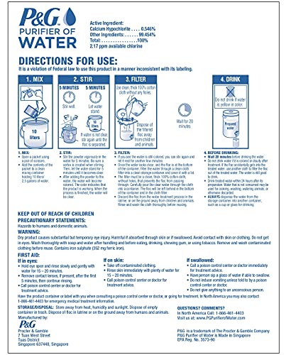 P&G Purifier of Water Portable Water Purifier Packets. Emergency Water Filter Purification Powder Packs for Camping, Hiking, Backpacking, Hunting, and Traveling. (4 Packets)