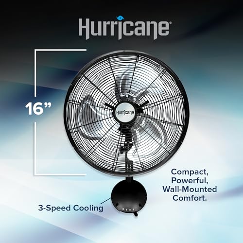 Hurricane 16 Inch Pro High Velocity Corded Electric Classic Oscillating Wall Mount Fan with 3 Speed Settings for Air Circulation, Black