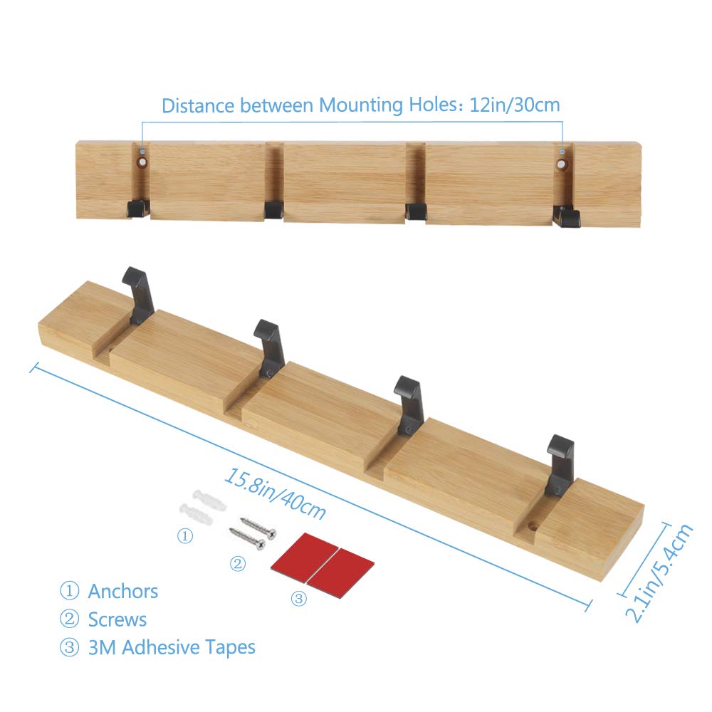 JSVER Wooden Coat Hooks Coat Rack Wall Mounted, Modern Coat Rack, Space-Saving Coat Hook with 4 Standard Retractable Hooks Hat Coat Hook for Entryway, Hallway, Bathroom, Living Room, Bedroom