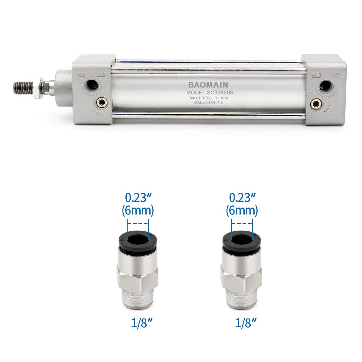 Baomain Pneumatic Air Cylinder SC 32-200 32mm Bore 200mm Stroke Screwed Piston Rod Dual Action (1PCS)