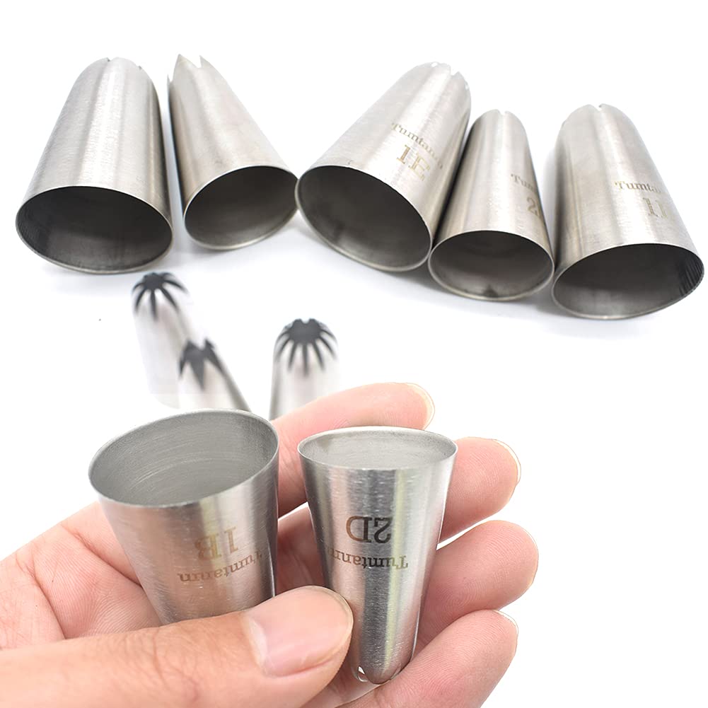 Tumtanm 5 Pack Extra Large Piping Nozzles, 1B 1C 1E 1M 2D# Seamless Stainless Steel Piping Icing Tips for Cupcakes