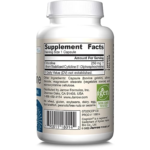 Jarrow Formulas Citicoline CDP Choline 250 MG, CDP Choline Supplement Supports Brain Health, Performance and Memory, 120 Capsules, Up to a 120 Day Supply