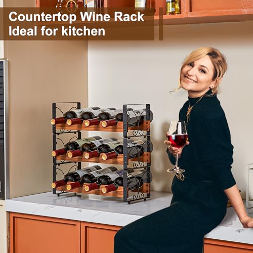 X-cosrack 3 Tier Wine Rack for 12 Bottles, Stackable Wine Organizer, Freestanding Wine Bottle Holder for Kitchen Counter or Bar, Durable Wooden & Iron Display Shelf with Patent Design