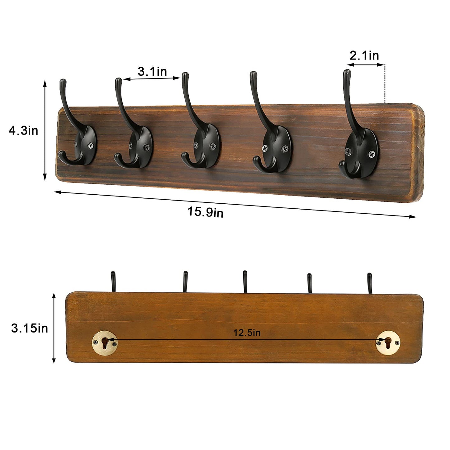 PHINGEER Rustic Wall Mounted Coat Hook Rack Heavy Duty Wooden Entryway Hanging Coat Rack with 5 Decorative Hooks for Entryway Mudroom Kitchen Bathroom Living Room Foyer Hallway (brown-1pack, 5 Hooks)