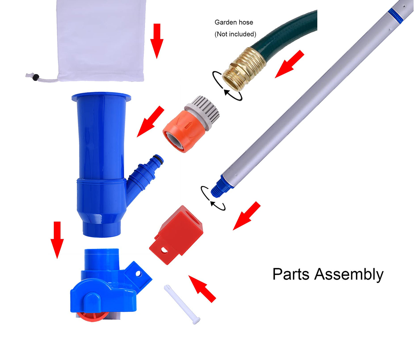 Jet Vacuum W/ 6 Section Poles of 57" for Frame Aboveground/Inflatable Pool Spa, No Electric Power Needed, Use Garden Hose Water Pressure to Vacuum (A Telescopic Pole Can Be Used with This Vacuum)