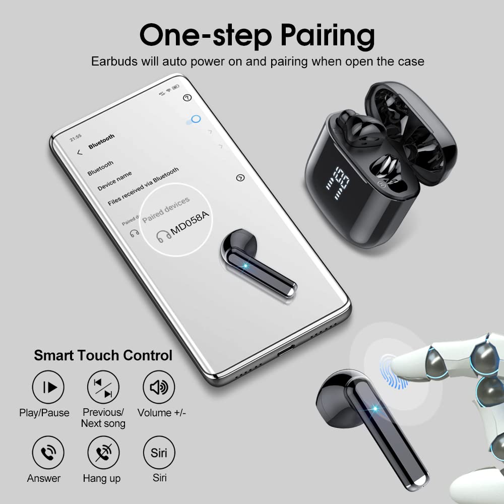 Wireless Earbuds Bluetooth 5.3 Headphones with 4-Mics Clear Call and ENC Noise Cancelling, Bluetooth Earbuds Touch Control Stereo Sound with LED Display, Waterproof Running Headphones for Workout