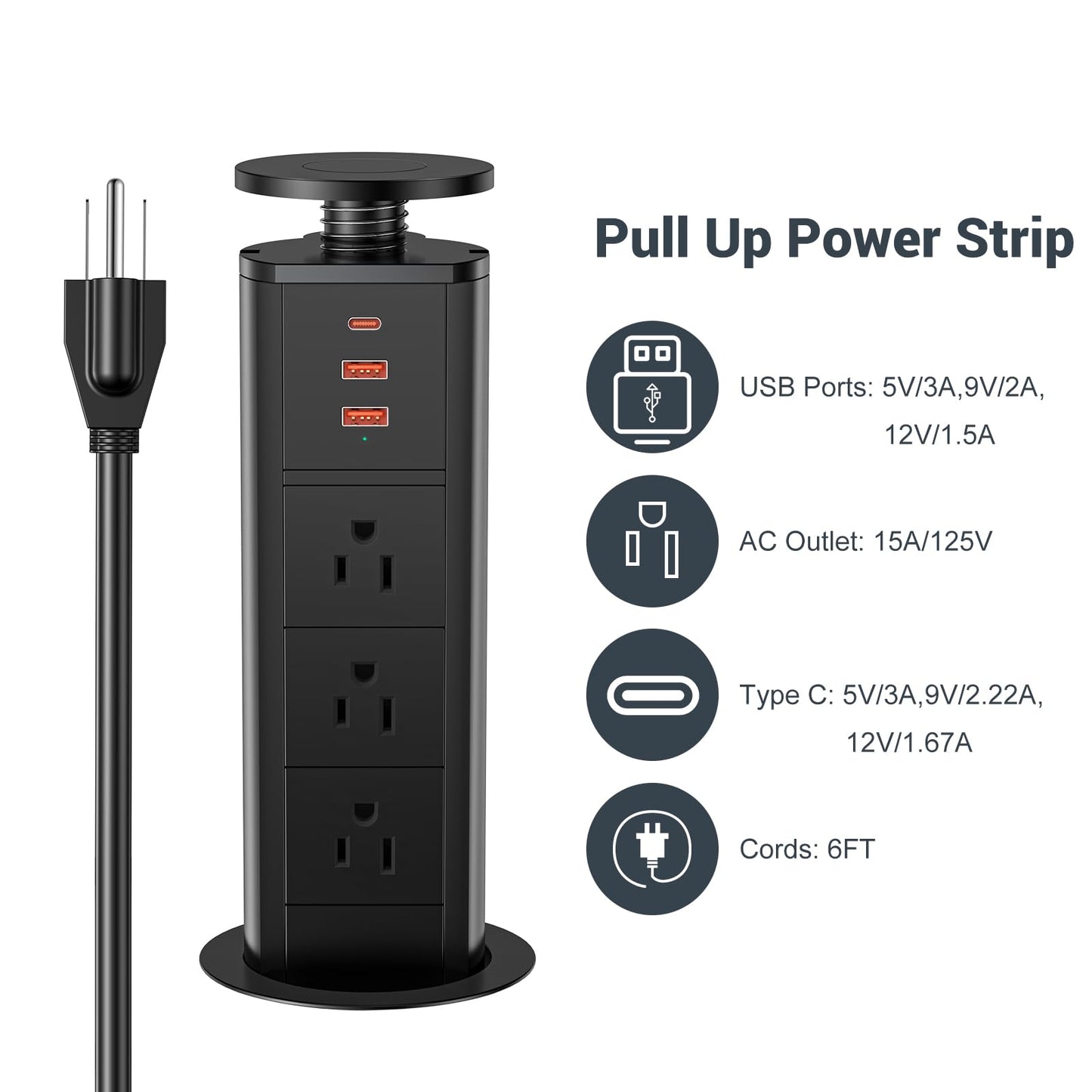 BTU Pop Up Outlet with USB Ports, Pop Up Outlet for Countertop with 3 AC Outlet, 2 USB A Ports and 1 USB C Port Hidden Outlet Plug Pop Up Outlet for Kitchen Countertop Conference Office, Black