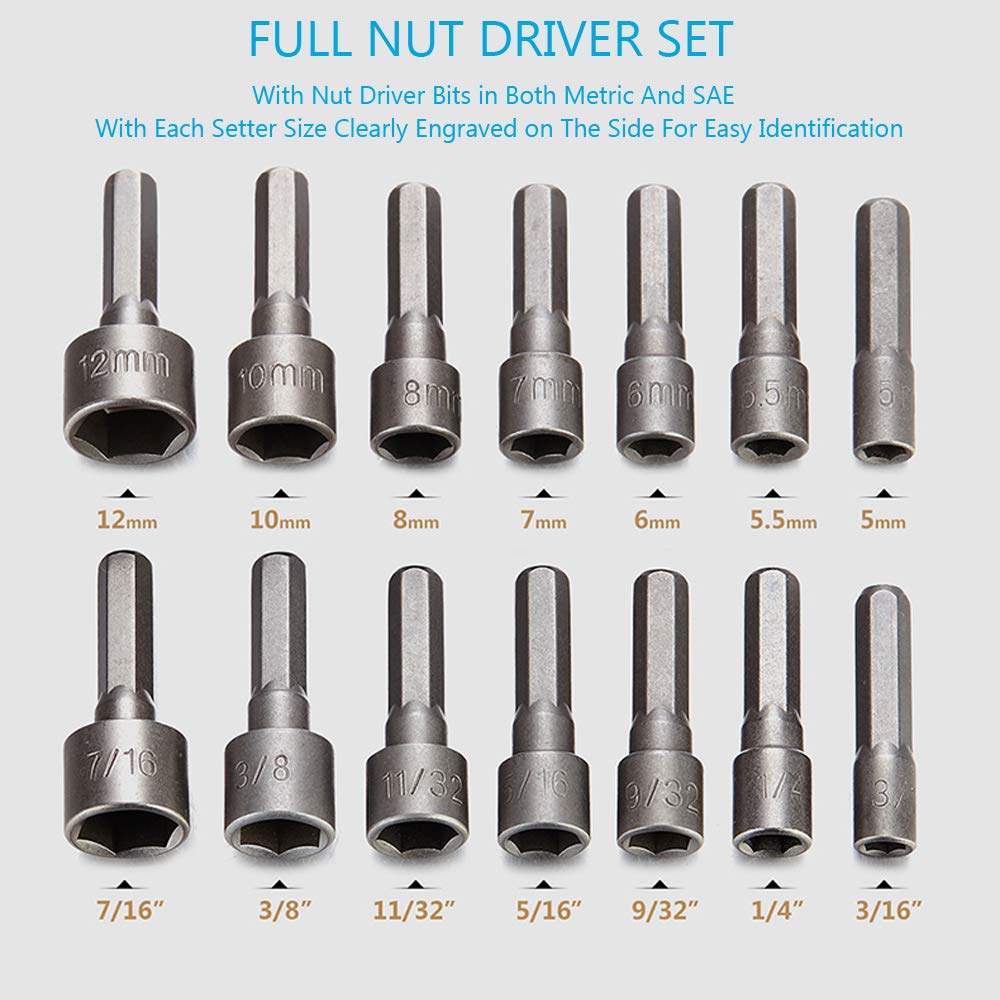 14Pcs Power Nut Driver Drill Bit Set, 1/4” Hex Socket Adapter Bolt Drivers Repairing Tool Kit, Suitable for Quicker Change Chuck, Electric Screwdriver