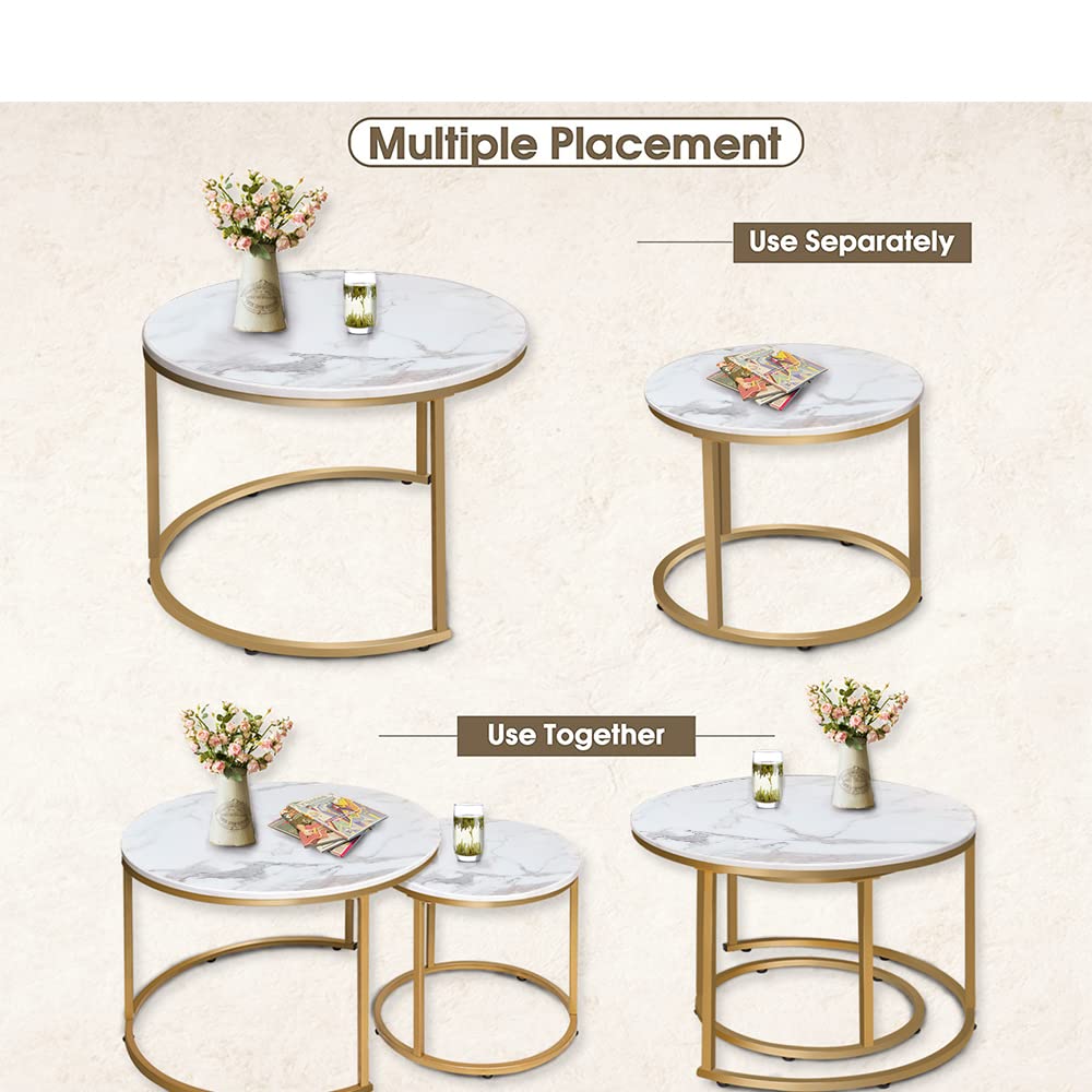 aboxoo Coffee Table Nesting White Set of 2 Side Set Golden Frame Circular Round and Marble Pattern Wooden Tables, Living Room Bedroom Apartment Modern
