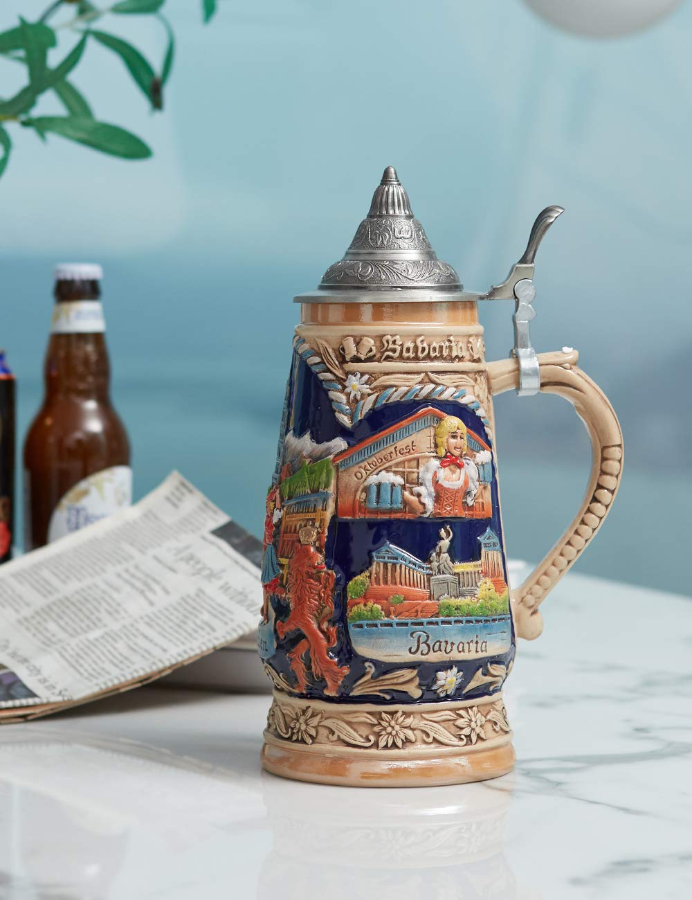 HAUCOZE Beer Stein Mug German Munich Bavarian Drinking Stanley Viking Tankard with Petwer Lid for Birthday Gifts Men Father Husband 1.0Liter