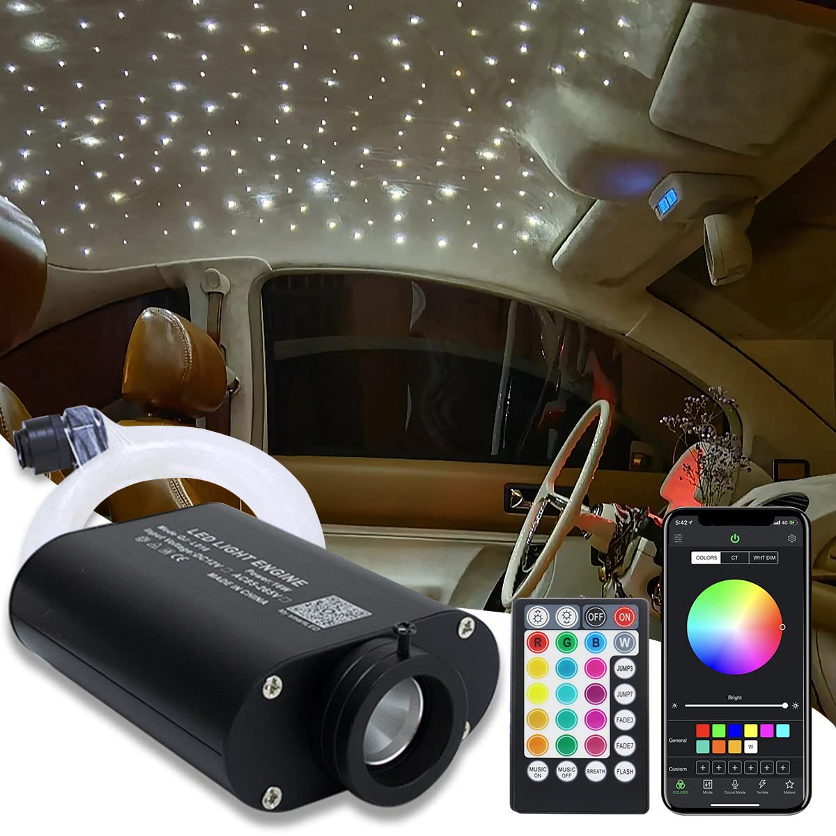 AMKI 16W Fiber Optic Lights,Starlight Headliner Light Kit APP/Remote Control Sound Activated Mode for Car&Home Decoration,Optical Fiber Cable Strands