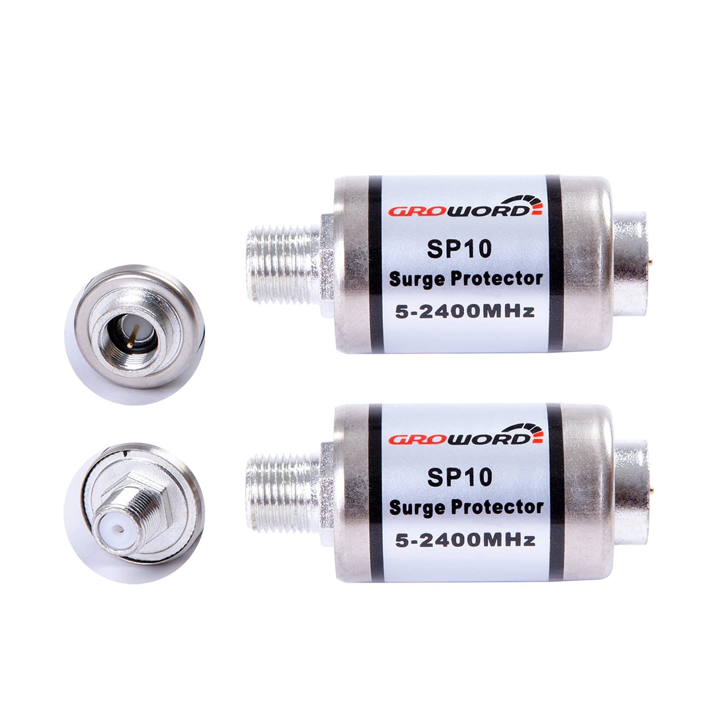 groword Coaxial Surge Lightning Protector for Coaxial TV Antenna and Satellite in-Line 75 Ohm 5-2500MHz, 2 Pack Hum/Buzz/Noise Eliminator,Low Loss (5-2400MHz)