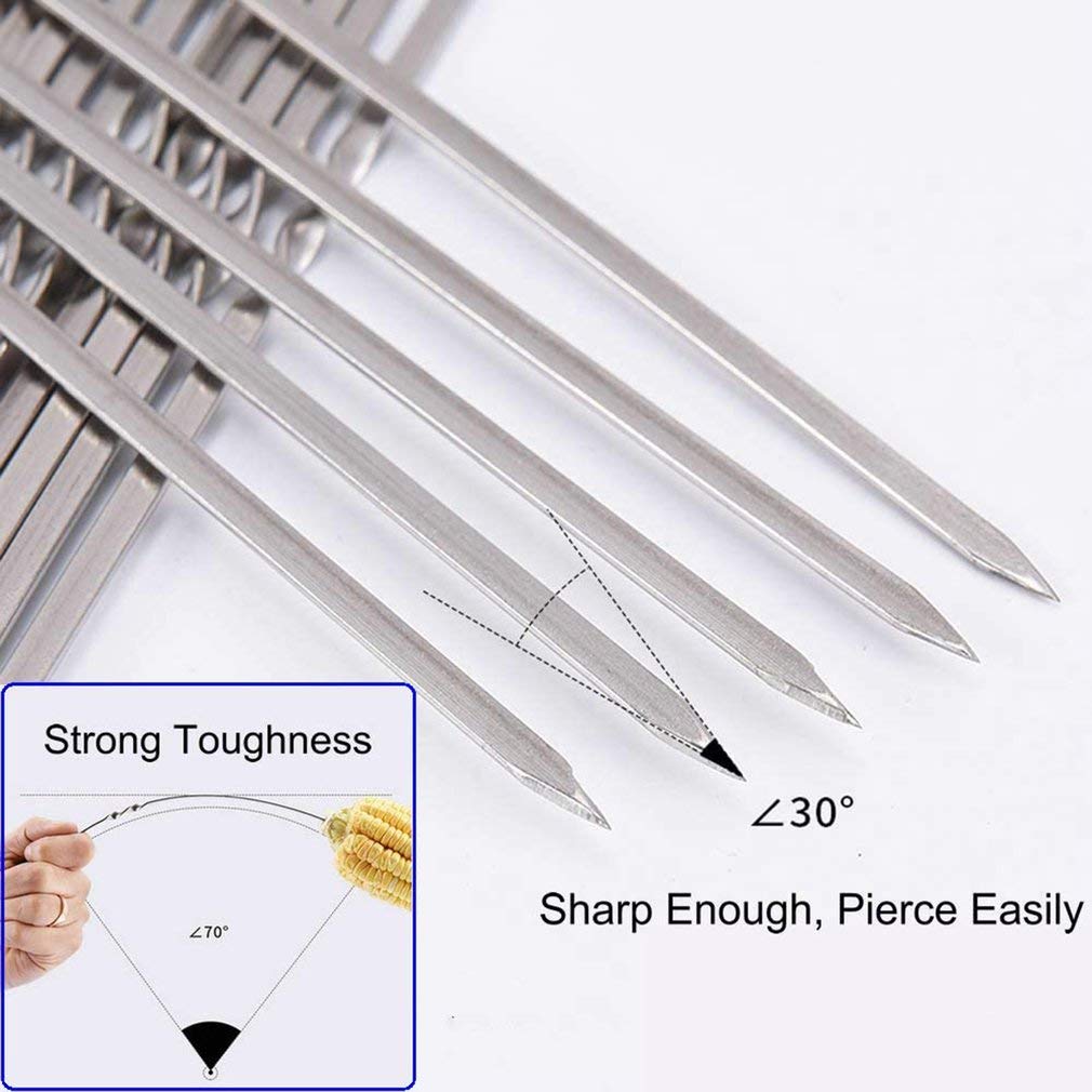12PCS Kabob Skewers Flat Metal BBQ Barbecue Skewer 14" Long Stainless Steel Shish Kebob Sticks Wide Reusable Grilling Skewers Set for Meat Shrimp