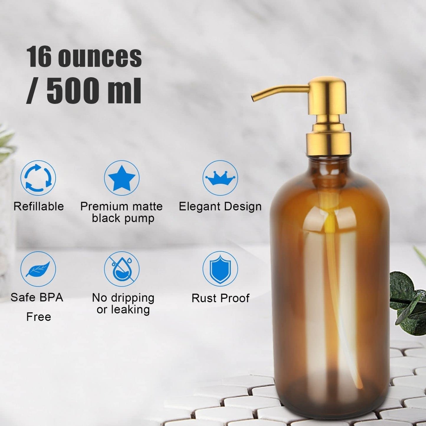 Glass Soap Dispenser with Pump and Tray - Refillable Amber Soap Dispenser Bottles Used for Hand Soap, Dish Soap, Lotion - Vintage Soap Dispenser Bathroom and Kitchen Set (Amber Bottles; Gold Pumps)