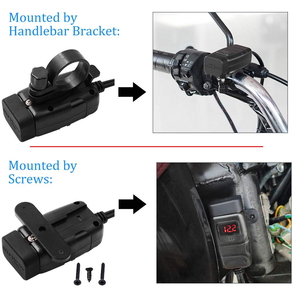 SAE to USB Adapter Motorcycle Handlebar Phone Charger Waterproof BUENNUS Smart Quick Charge 3.0 Easy Disconnect Power Outlet Plug with Voltage Meter Dual QC3.0 USB Charger