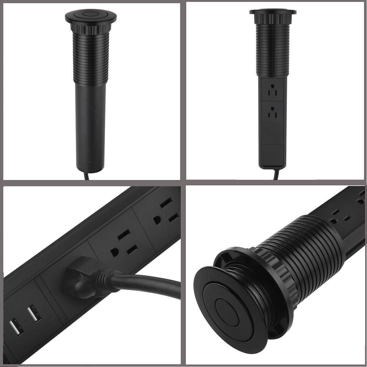 Pop Up Outlet for Kitchen Countertop,2.5" Hole Size Grommet Power Pop Out Outlet with USB,Pulling Pop Up Socket for Home,Office Worktop,Telescoping Power Solution,6ft Power Cord(Black)