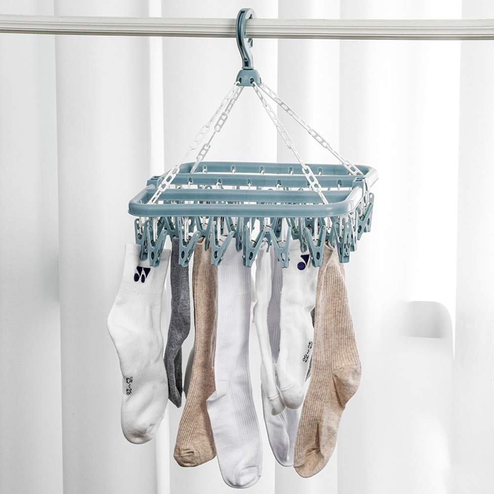 alladaga Clothes Drying Hanger with 32 Clips and Drip Foldable Hanging Rack (Light Blue)