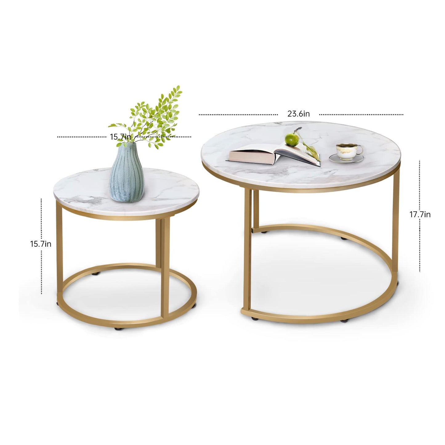 aboxoo Coffee Table Nesting White Set of 2 Side Set Golden Frame Circular Round and Marble Pattern Wooden Tables, Living Room Bedroom Apartment Modern