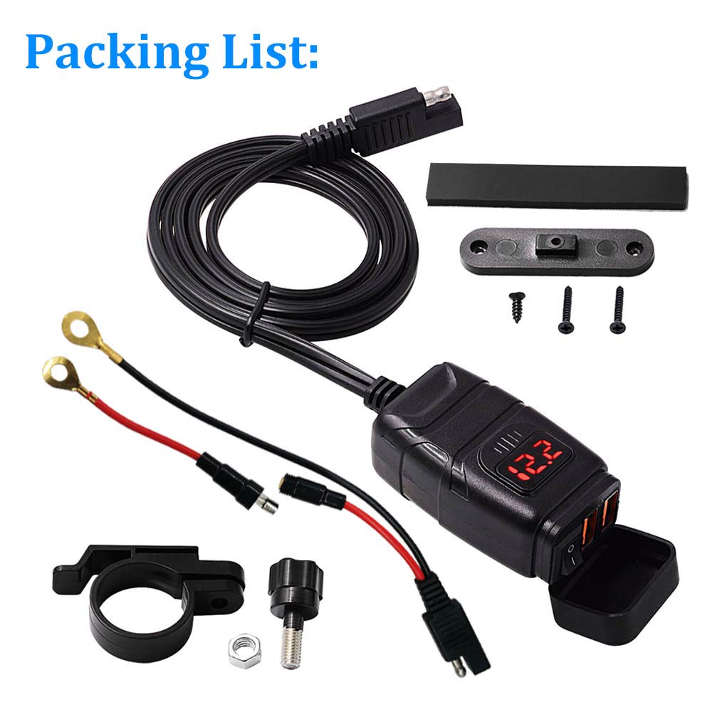 SAE to USB Adapter Motorcycle Handlebar Phone Charger Waterproof BUENNUS Smart Quick Charge 3.0 Easy Disconnect Power Outlet Plug with Voltage Meter Dual QC3.0 USB Charger