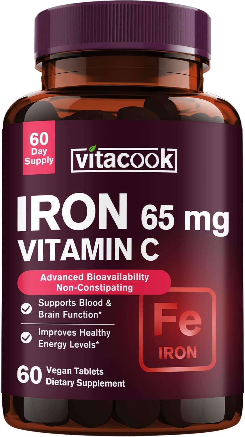 Vitacook Iron Supplement for Women Men, High Potency Iron 65mg with Vitamin C 250mg, Slow Release Stomach Friendly Iron Pills for Red Blood Cell & Immune Support, Non-GMO, Gluten Free, 60 Vegan Tabs