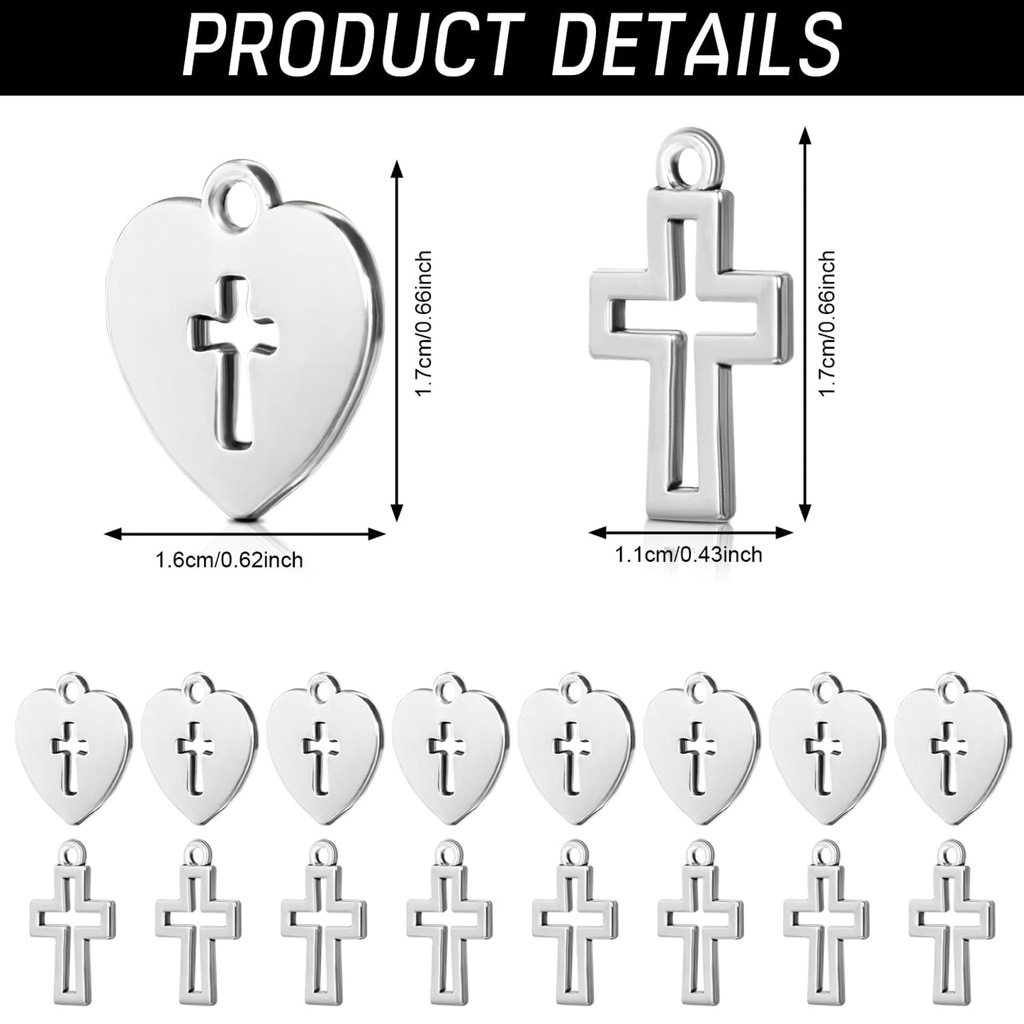 BENBO 100Pcs Silver Religious Charms Mini Cross Charms Heart Shaped Religious Charms Mini Metal Christian Charms with Box for DIY Bracelet Necklace Earrings Jewelry Making, 2 Styles