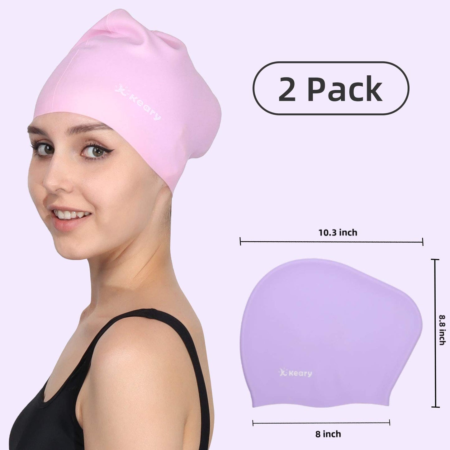 Keary 2 Pack Silicone Swim Cap for Long Hair Women Girls Waterproof Pool Swimming Cap Cover Ears to Keep Your Hair Dry, 3D Ergonomic Stretchable Durable and Anti-Slip, Easy to Put On and Off